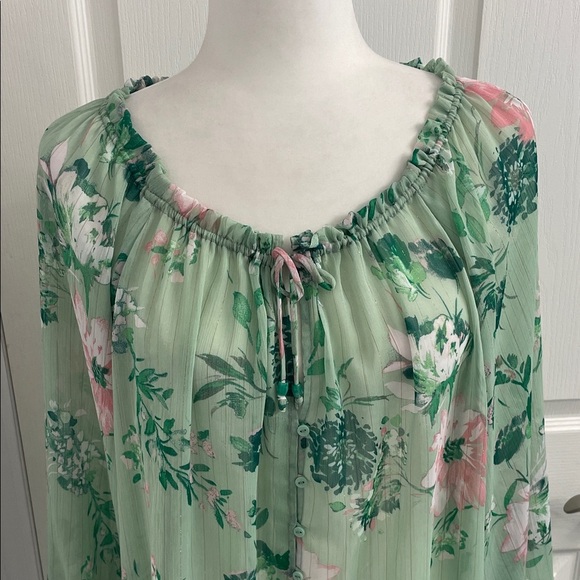 Zara Floral Sheer Blouse in Mint Green & Pink Ruffle Collar with Tie Flowy Fit - Picture 6 of 16